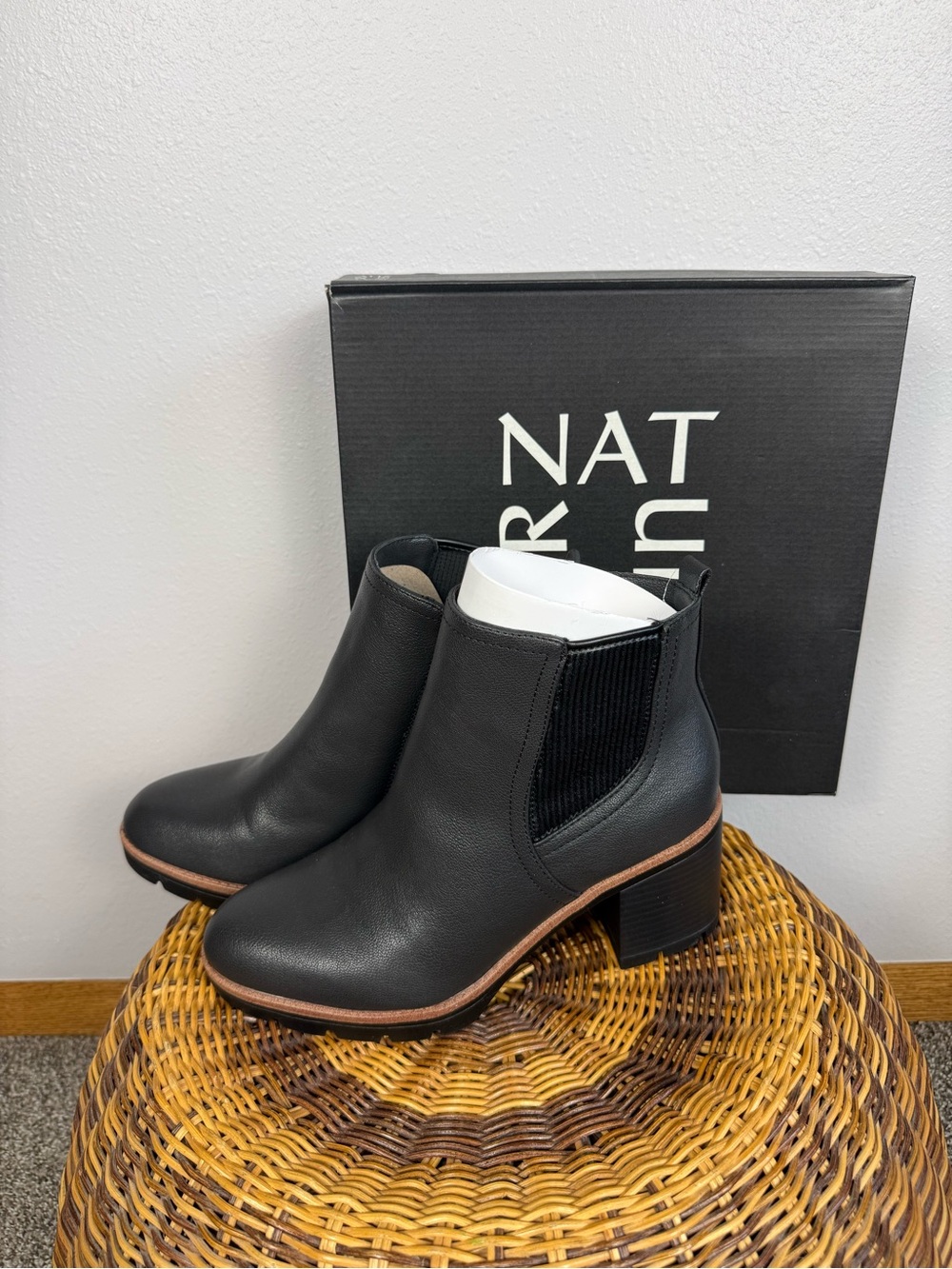 Naturalizer Black Leather Chelsea Ankle Booties with Block Heel